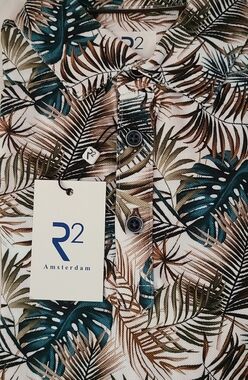 R2 Amsterdam Tropical Leaf Print Polo in Teal, Brown, Olive on White